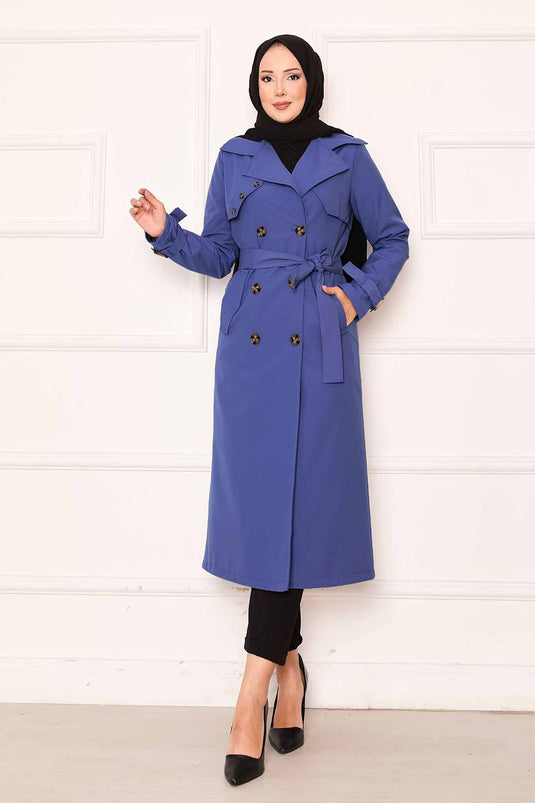 Trench-coat confortable à double boutonnage et manches ajustables en indigo
