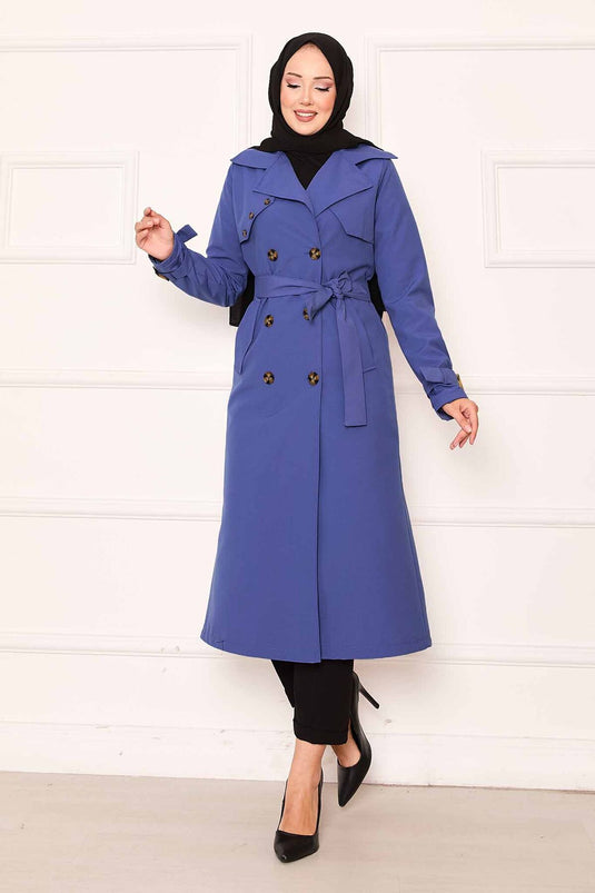 Trench-coat confortable à double boutonnage et manches ajustables en indigo