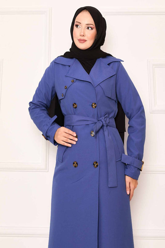 Trench-coat confortable à double boutonnage et manches ajustables en indigo