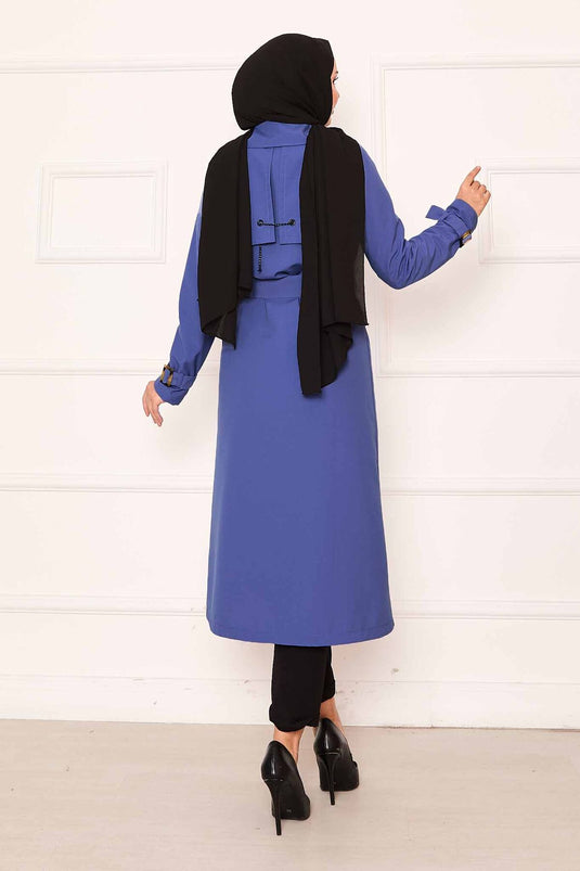 Trench-coat confortable à double boutonnage et manches ajustables en indigo