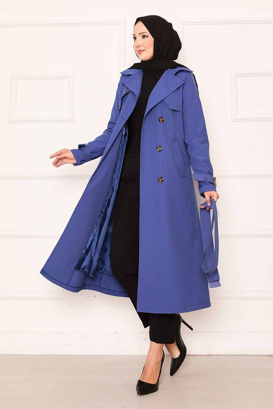 Trench-coat confortable à double boutonnage et manches ajustables en indigo