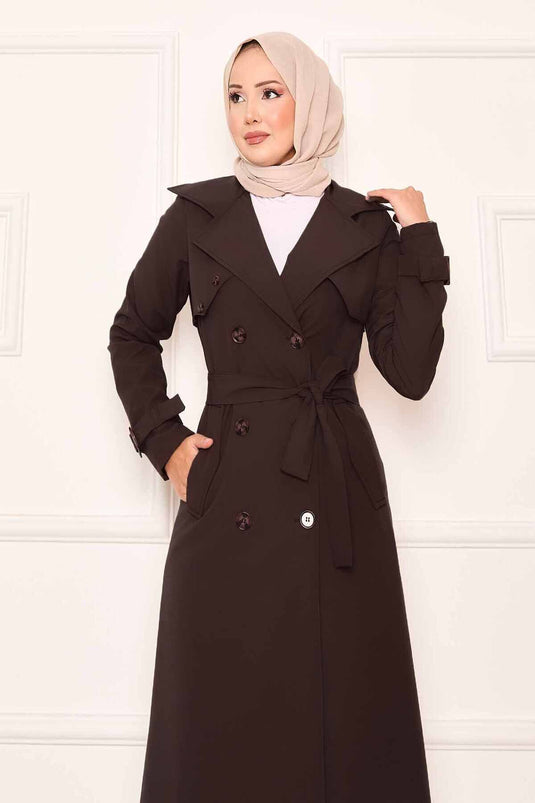 Rahat Kalıp Kruvaze Düğme Detaylı Kolları Ayarlanan Trençkot Kahve