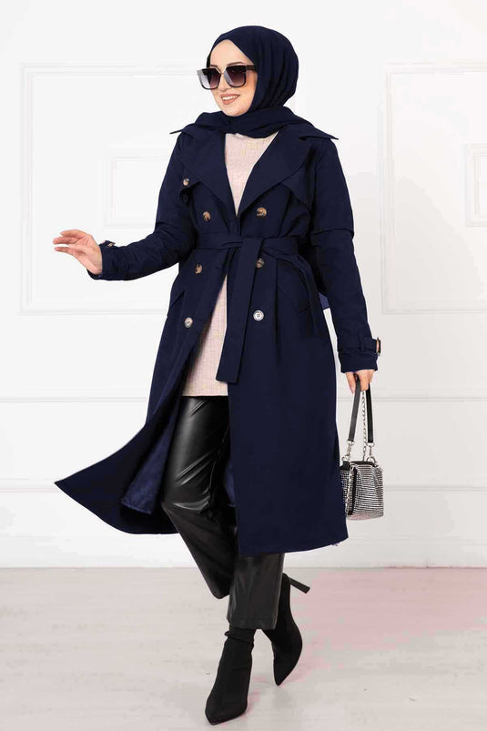 Comfortable Double-Breasted Button Detailed Trench Coat with Adjustable Sleeves Navy Blue