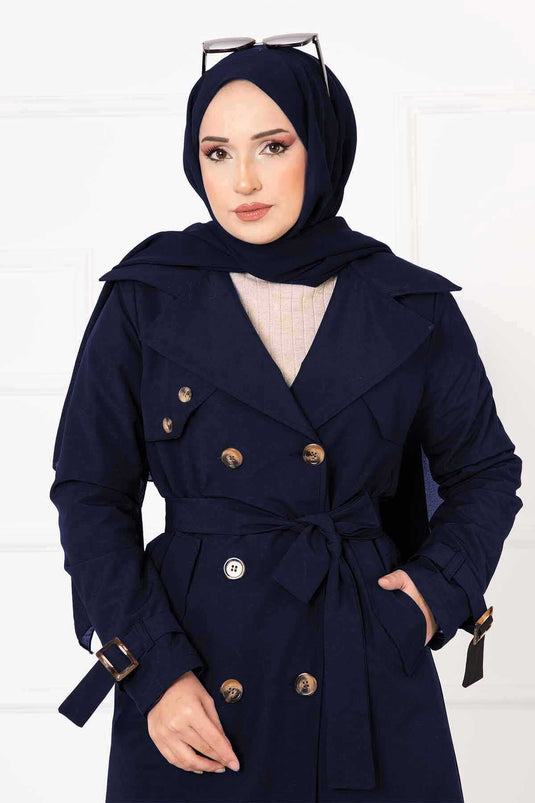 Comfortable Double-Breasted Button Detailed Trench Coat with Adjustable Sleeves Navy Blue