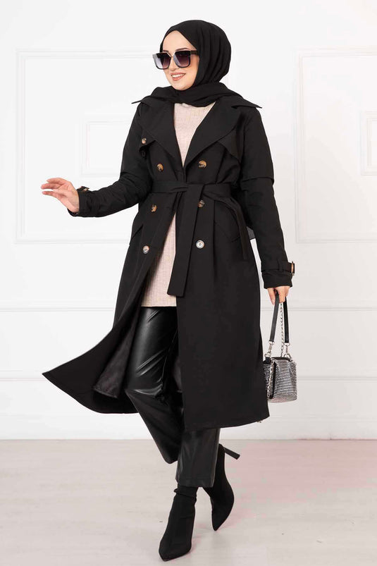 Comfortable Double-Breasted Button Detailed Trench Coat with Adjustable Sleeves, Black