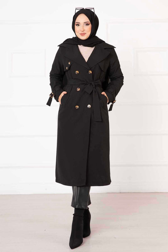 Comfortable Double-Breasted Button Detailed Trench Coat with Adjustable Sleeves, Black