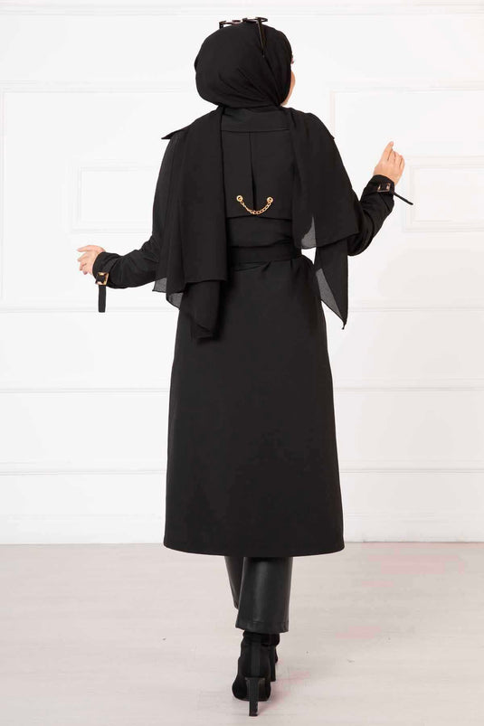 Comfortable Double-Breasted Button Detailed Trench Coat with Adjustable Sleeves, Black