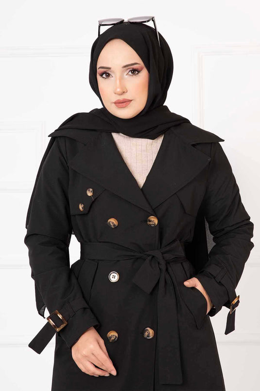 Comfortable Double-Breasted Button Detailed Trench Coat with Adjustable Sleeves, Black