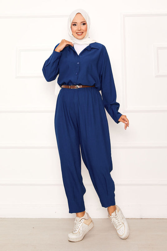 بدلة بنطلون شالوار مريحة باللون النيلي