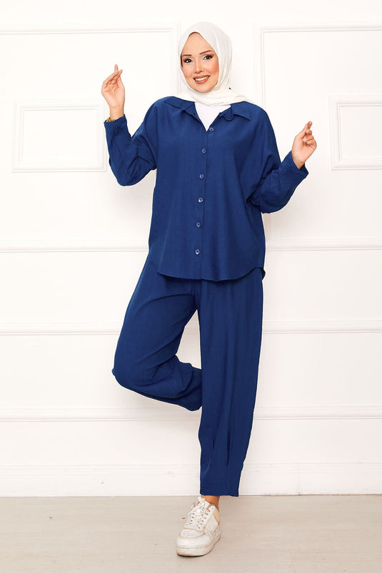 بدلة بنطلون شالوار مريحة باللون النيلي