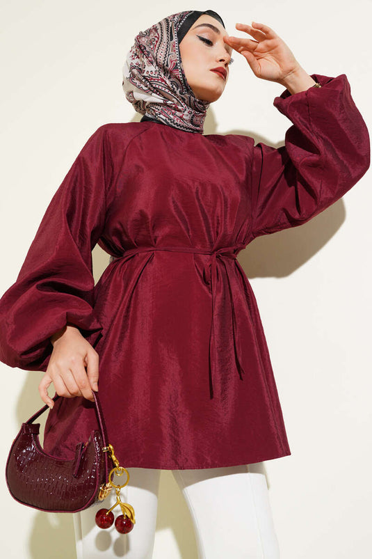 Reglan Balon Kol İp Kuşaklı Tunik Bordo