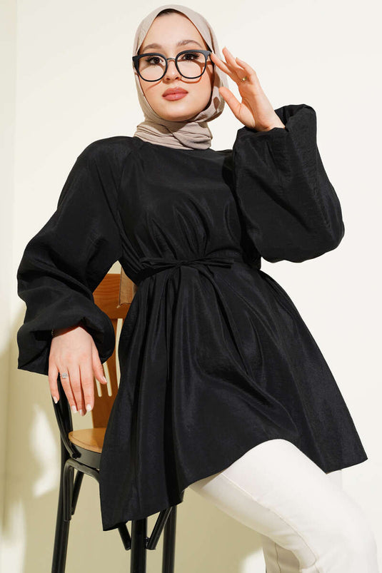 Reglan Balon Kol İp Kuşaklı Tunik Siyah