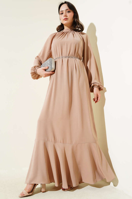 Raglan Sleeve Chain Belted Dress Beige