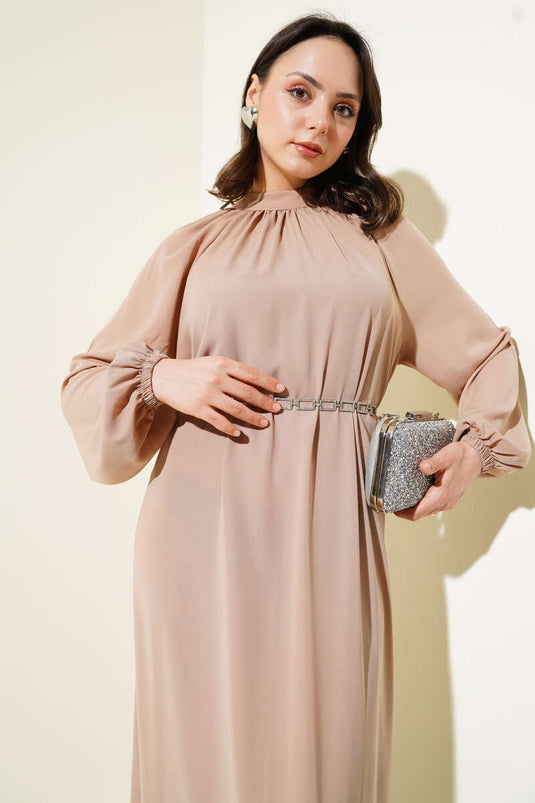 Raglan Sleeve Chain Belted Dress Beige