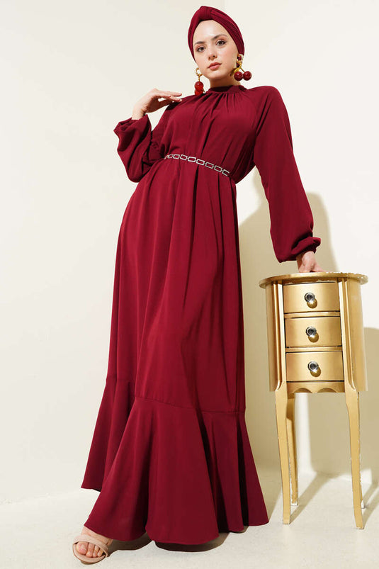 Robe à manches raglan et ceinture à chaîne bordeaux