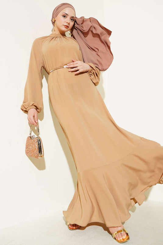 Raglan Sleeve Chain Belted Dress Camel