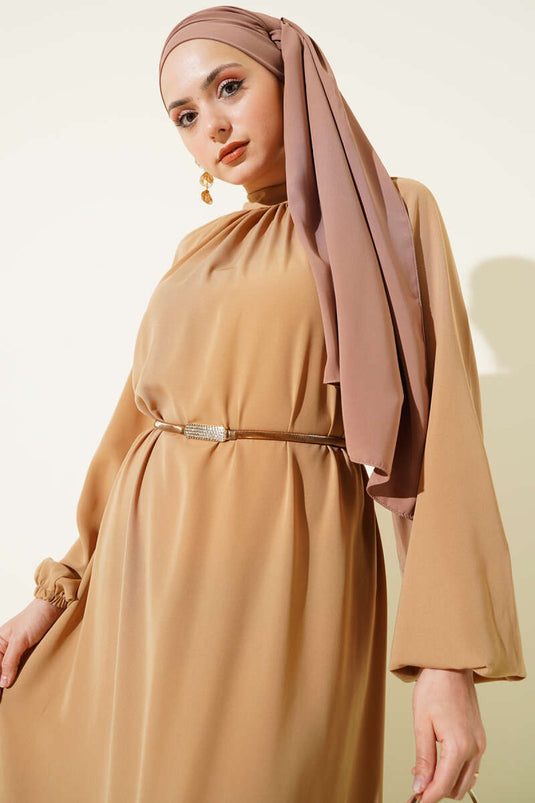 Raglan Sleeve Chain Belted Dress Camel