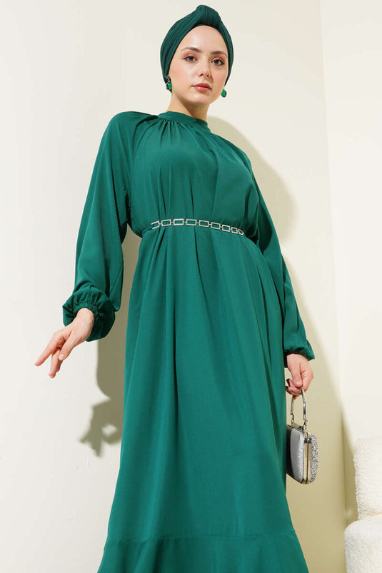 Raglan Sleeve Chain Belted Dress Emerald