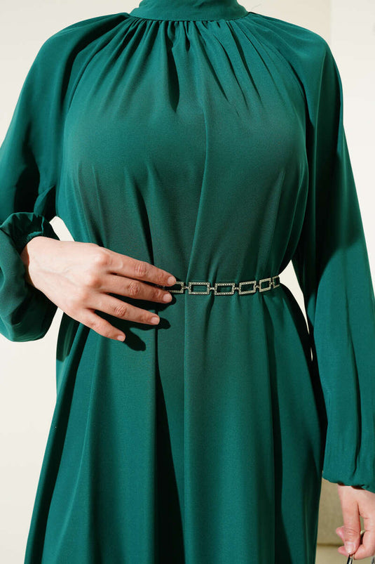 Raglan Sleeve Chain Belted Dress Emerald