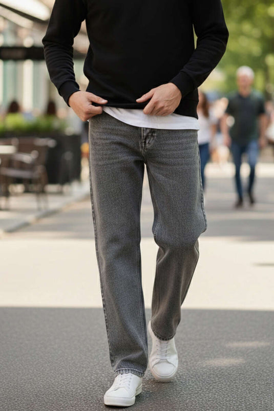 Regular Fit Tube Leg Men's Denim Trousers Gray