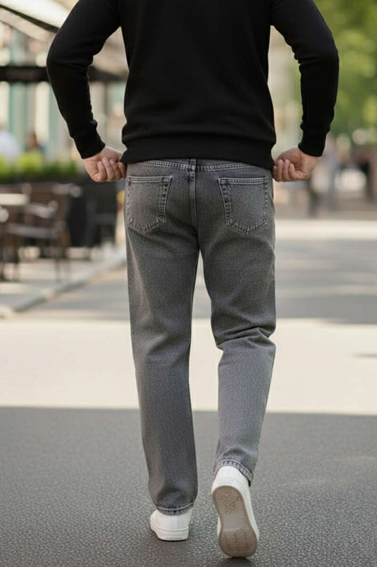 Regular Fit Boru Paça Erkek Kot Pantolon Gri