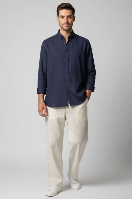Regular Fit Men's Linen Shirt Navy Blue