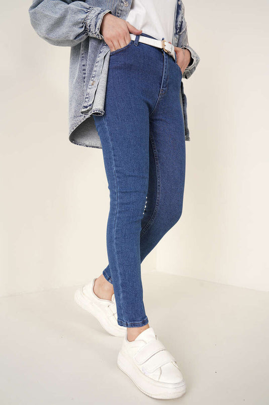 Regular Fit Likralı Pantolon Orta Mavi