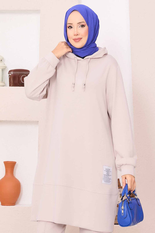 Relax Embroidered Hooded Hijab Two-Piece Suit Beige