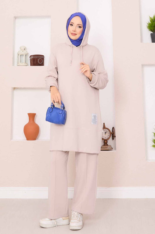 Relax Embroidered Hooded Hijab Two-Piece Suit Beige