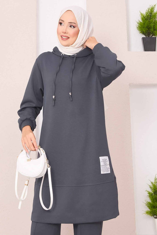 Relax Emblem Hooded Hijab Two Piece Suit Smoke