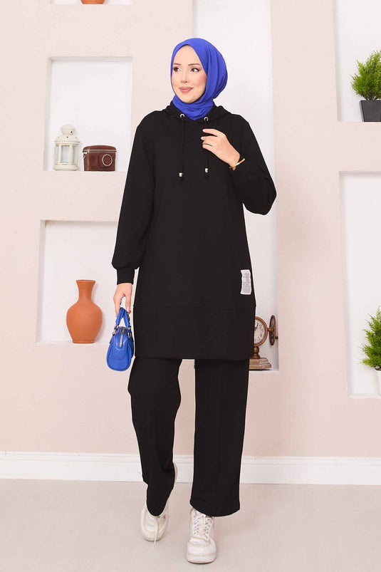Relax Emblem Hooded Hijab Two Piece Set Black