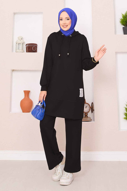 Relax Emblem Hooded Hijab Two Piece Set Black