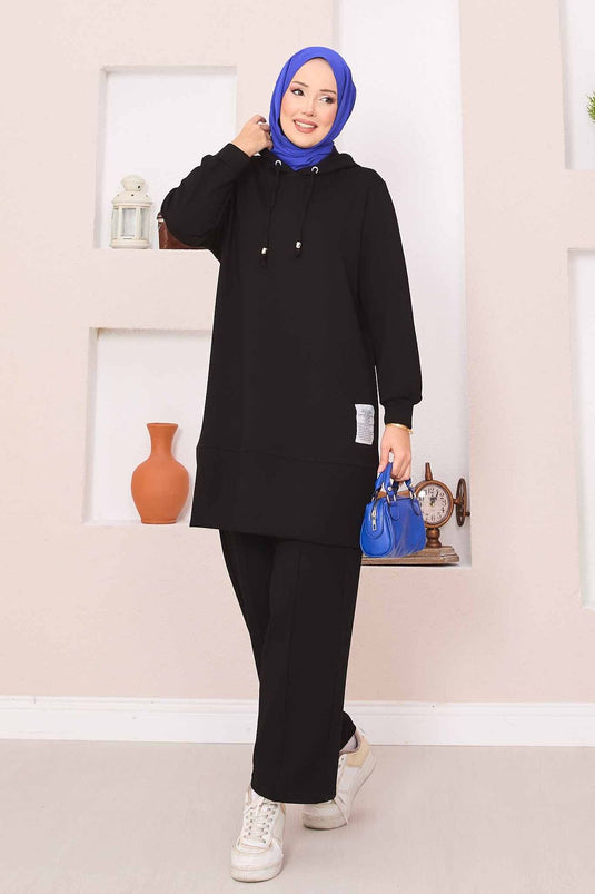 Relax Emblem Hooded Hijab Two Piece Set Black