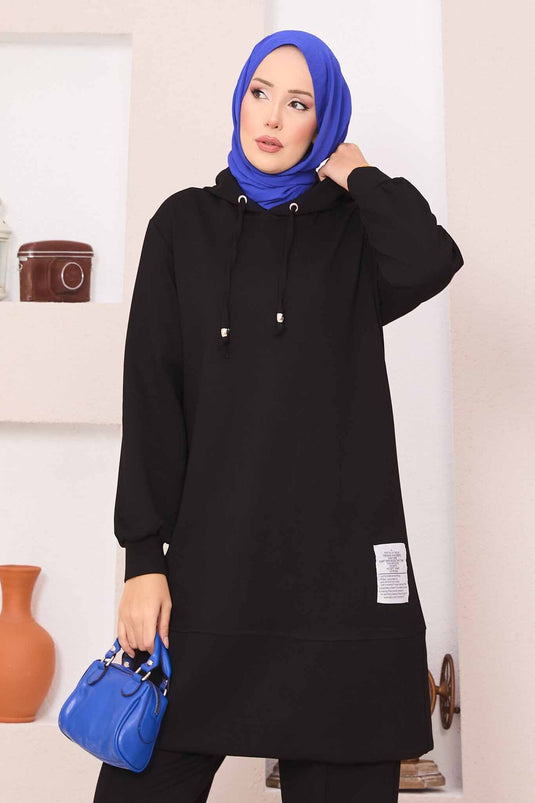 Relax Emblem Hooded Hijab Two Piece Set Black