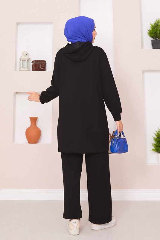 Relax Emblem Hooded Hijab Two Piece Set Black