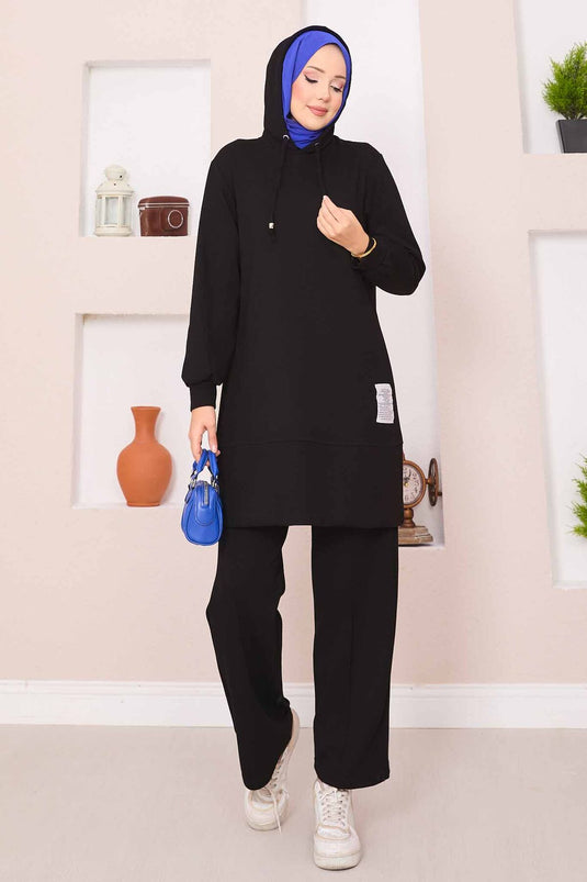 Relax Emblem Hooded Hijab Two Piece Set Black