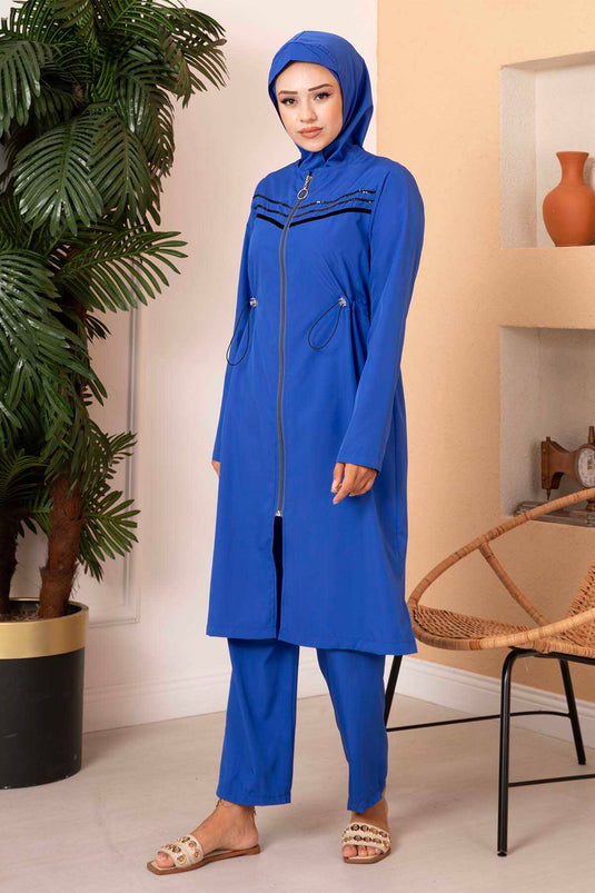 Striped Detail Waterproof Hijab Swimsuit Royal Blue