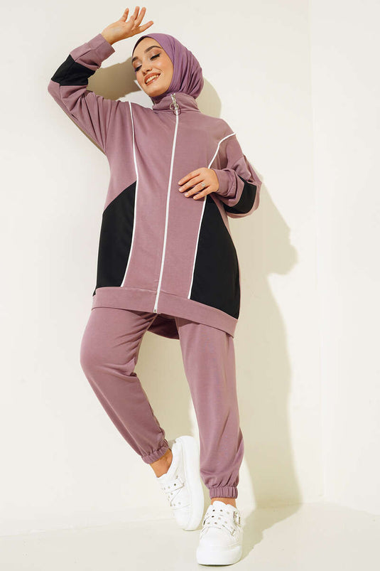 Costume Double Avec Fermeture Éclair Et Rayures Garnies De Couleurs Dusty Rose