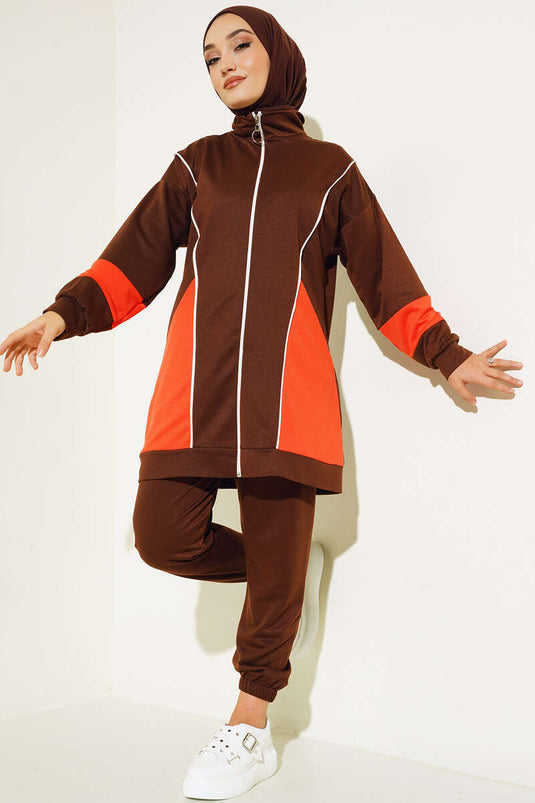 Ensemble double fermeture éclair à rayures colorées marron