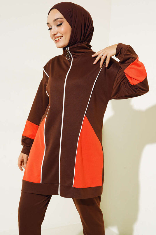 Ensemble double fermeture éclair à rayures colorées marron