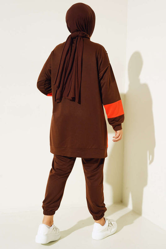 مجموعة سحاب مخططة ملونة مزدوجة باللون البني