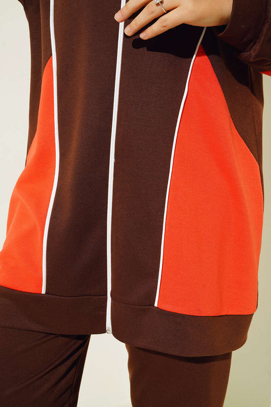 مجموعة سحاب مخططة ملونة مزدوجة باللون البني