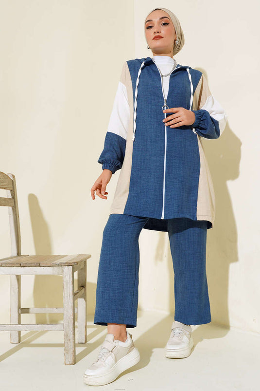 Costume Double En Lin Zippé Dégradé De Couleurs Indigo