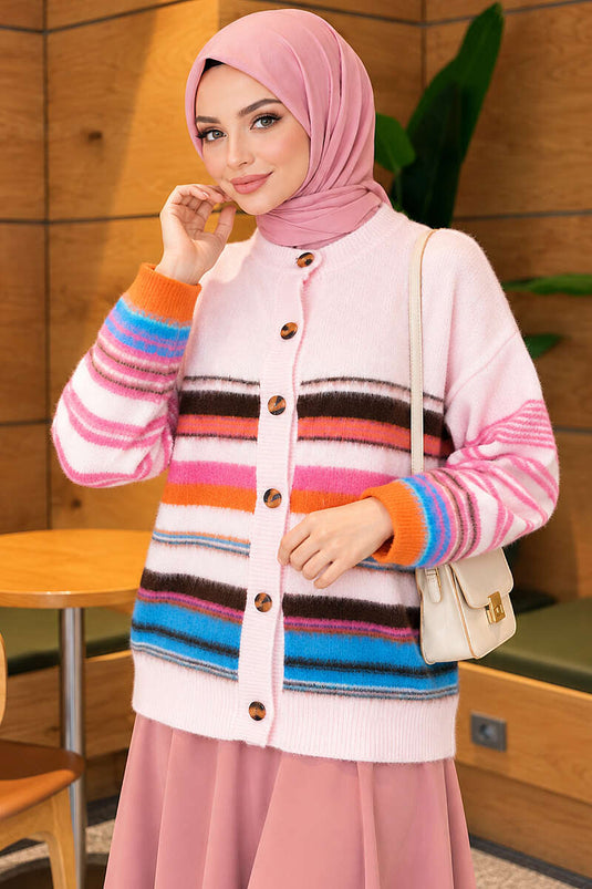 Colorful Striped Buttoned Knit Cardigan Pink