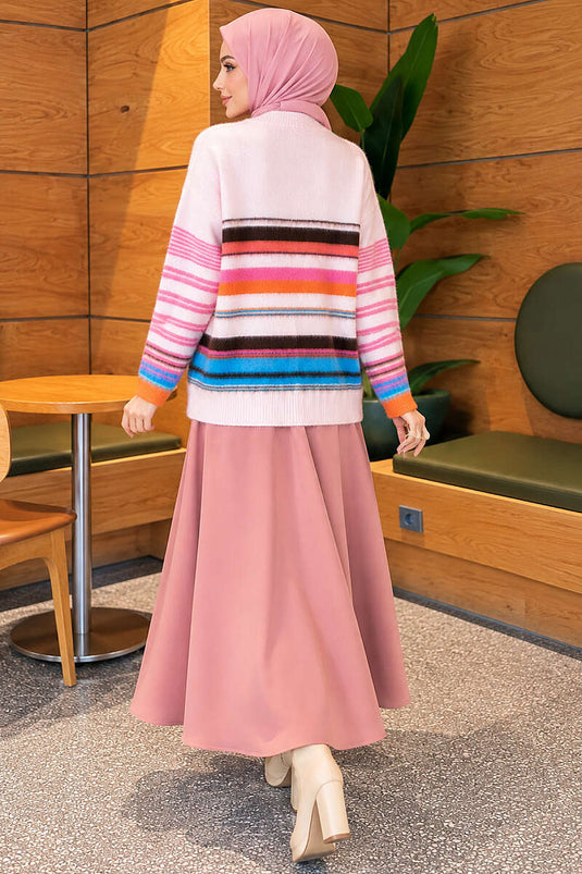 Colorful Striped Buttoned Knit Cardigan Pink