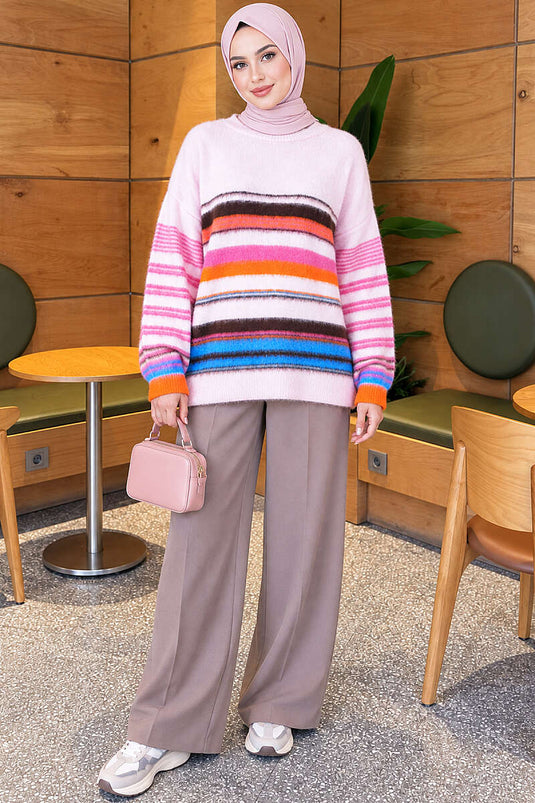 Bunte Gestreifte Kuschelige Stricktunika Rosa