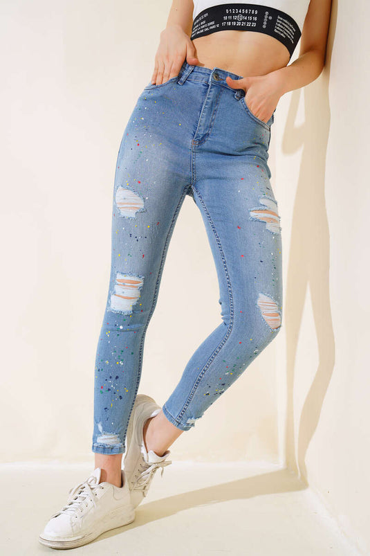 Pantalón vaquero con aberturas y estampado de colores Azul medio