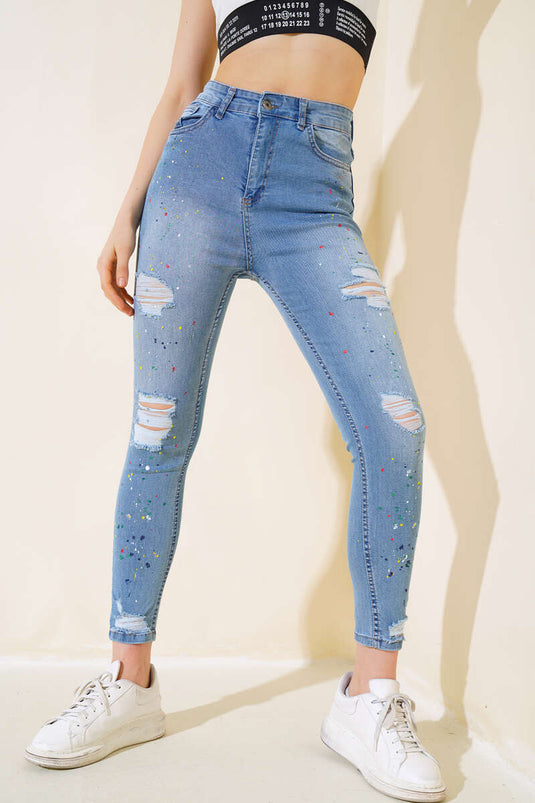 Pantalón vaquero con aberturas y estampado de colores Azul medio