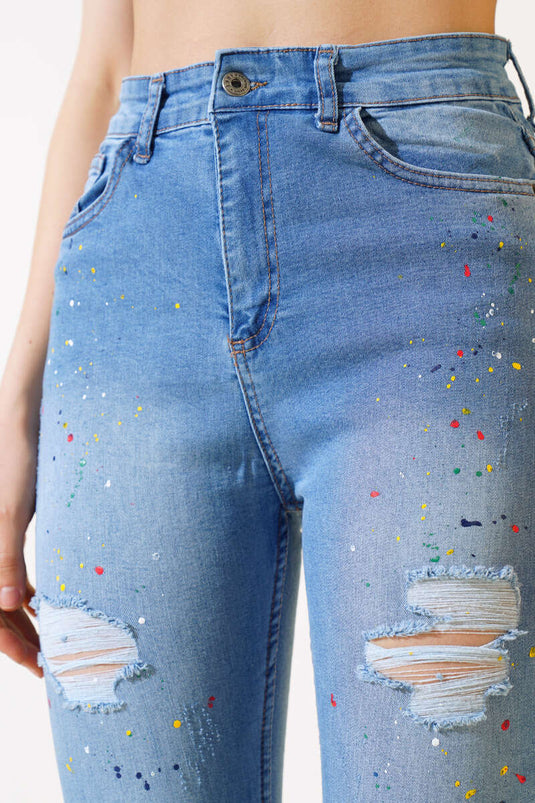 Renkli Desenli Yırtmaçlı Kot Pantolon Orta Mavi