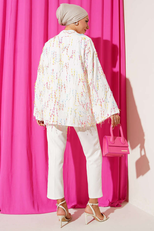 كيمونو برباط مزين بشرابات ملونة، بيج